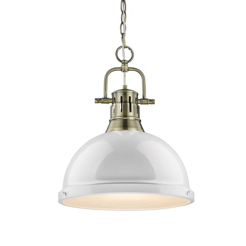 Yep by Golden Lighting Duncan 1-light 14in Chain Hung Pendant in Aged Brass and White shade — Golden Lighting LED Pendant Lights  