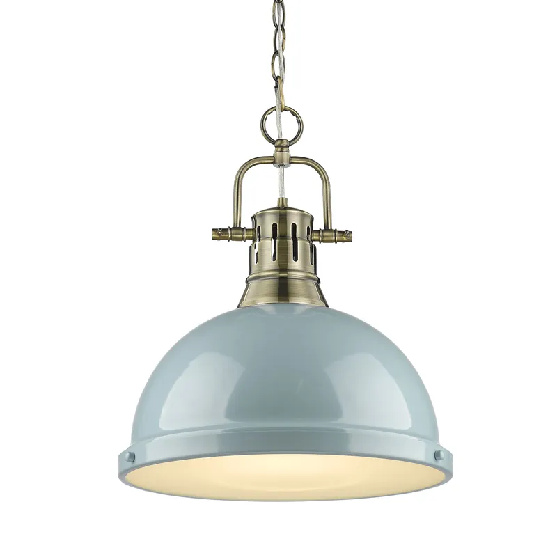 Yep by Golden Lighting Duncan 1-light 14in Chain Hung Pendant in Aged Brass and Seafoam shade — Golden Lighting LED Pendant Lights  