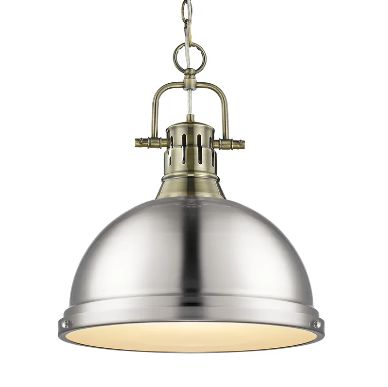 Yep by Golden Lighting Duncan 1-light 14in Chain Hung Pendant in Aged Brass and Pewter shade — Golden Lighting LED Pendant Lights  