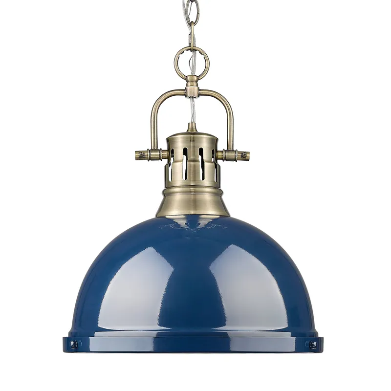 Yep by Golden Lighting Duncan 1-light 14in Chain Hung Pendant in Aged Brass and Navy Blue shade — Golden Lighting LED Pendant Lights  