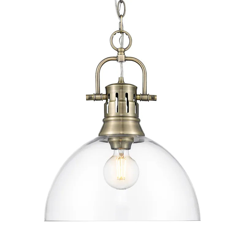 Yep by Golden Lighting Duncan 1-light 14in chain hung Pendant in Aged Brass and Clear Glass — Golden Lighting LED Pendant Lights 100.0W 
