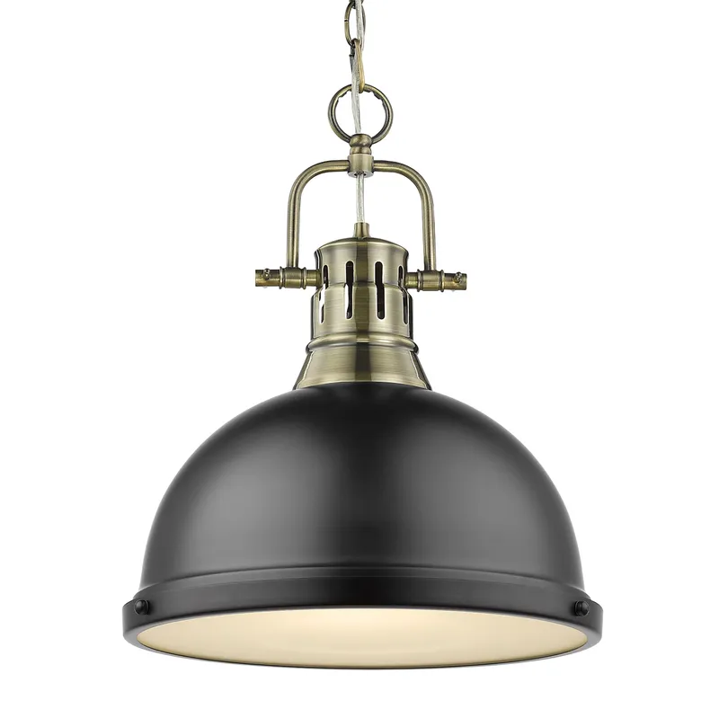 Yep by Golden Lighting Duncan 1-light 14in Chain Hung Pendant in Aged Brass and Matte Black shade — Golden Lighting LED Pendant Lights 100.0W 