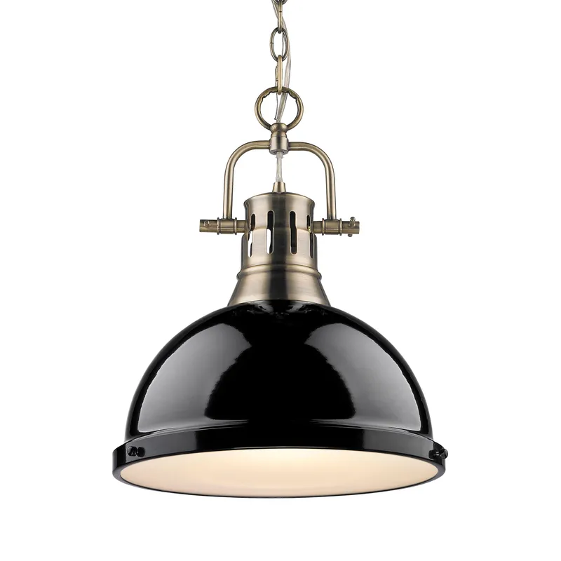 Yep by Golden Lighting Duncan 1-light 14in Chain Hung Pendant in Aged Brass and Black shade — Golden Lighting LED Pendant Lights 100.0W 