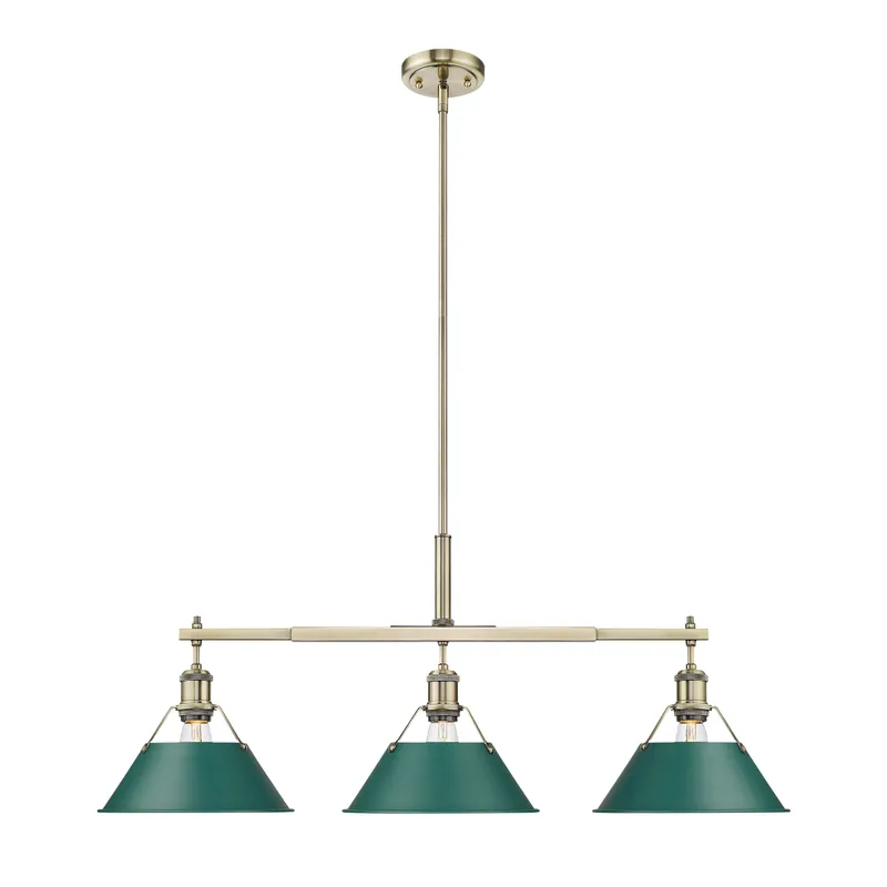 Yep by Golden Lighting Orwell 3-light Island Light in Aged Brass and Pine Green shade — Golden Lighting LED Pendant Lights  