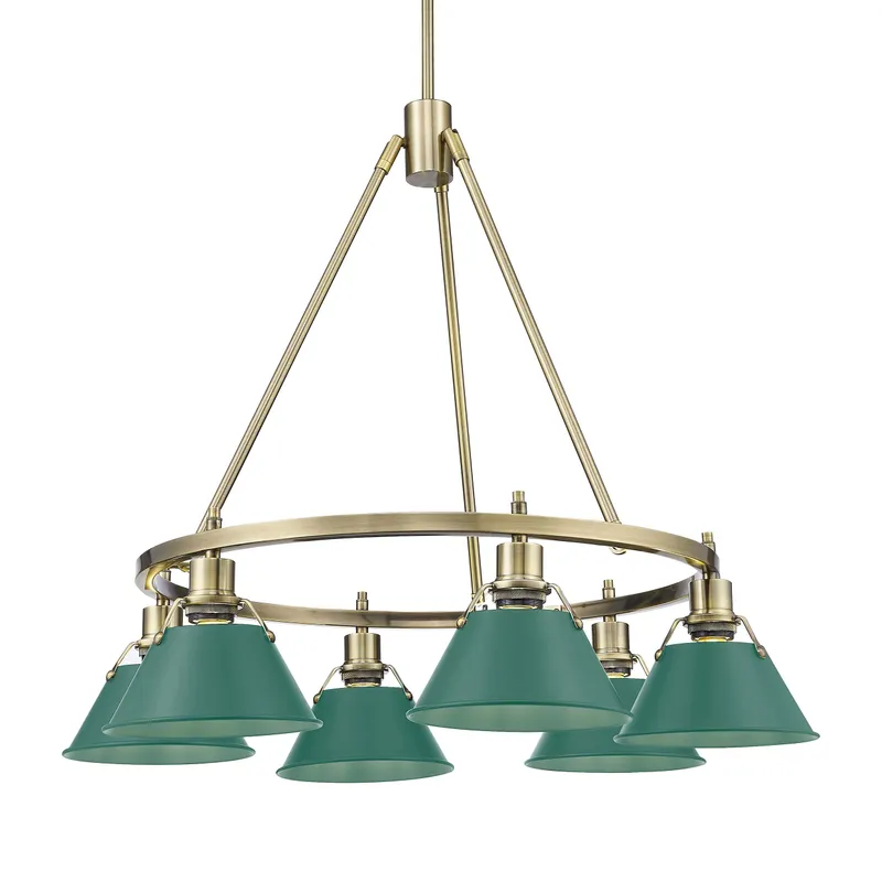 Yep by Golden Lighting Orwell 6-light Chandelier in Aged Brass and Pine Green shade — Golden Lighting LED Pendant Lights  