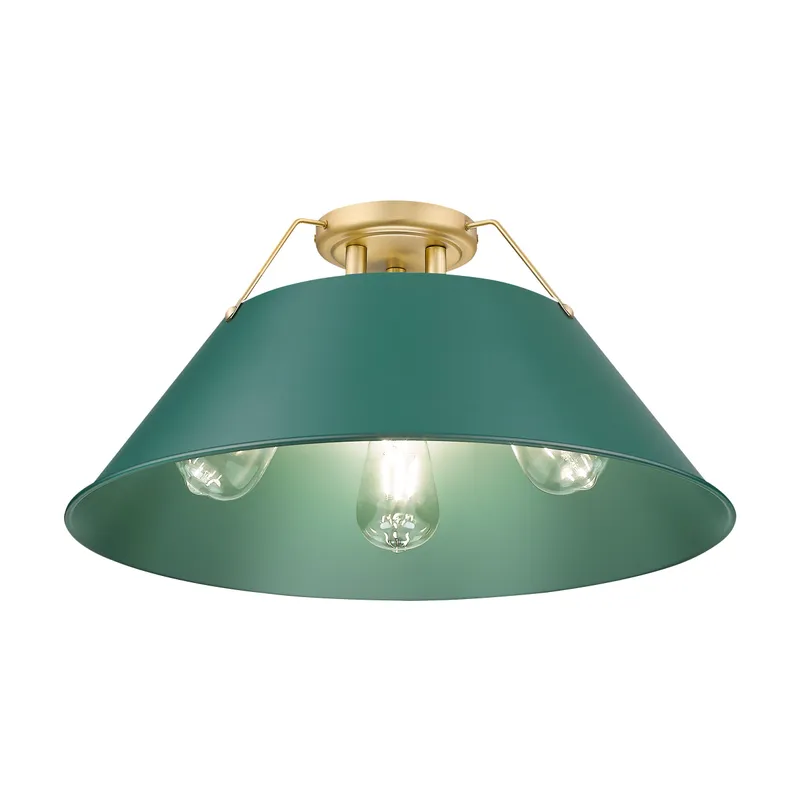 Yep by Golden Lighting Orwell 3-light Flush Mount in Brushed Champagne Brass and Pine Green shade — Golden Lighting LED Ceiling Lights 60.0W 