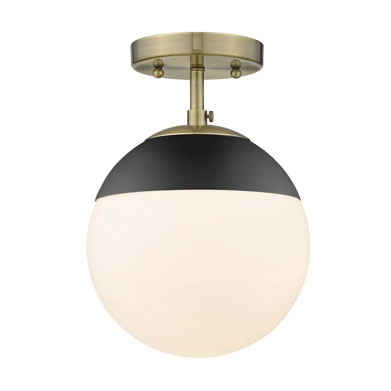 Dixon 1-light Semi-Flush Mount in Aged Brass and Black Accents Opal Glass — Golden Lighting LED Pendant Lights  