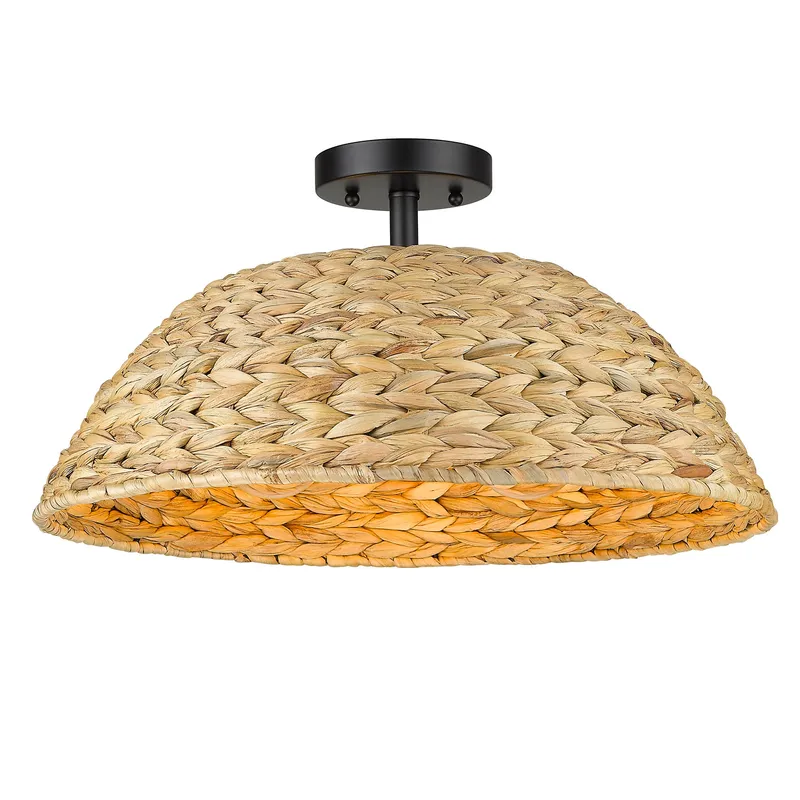 Golden Lighting Rue 3-light Semi-Flush Mount in Matte Black and Woven Sweet Grass shade — Golden Lighting LED Ceiling Lights  