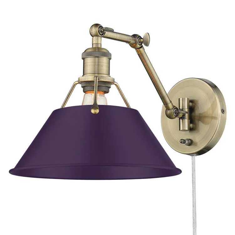 Yep by Golden Lighting Orwell 1-light Swing Arm Wall Lamp in Aged Brass and Exotic Purple shade — Golden Lighting LED Wall Lights 1.0W 
