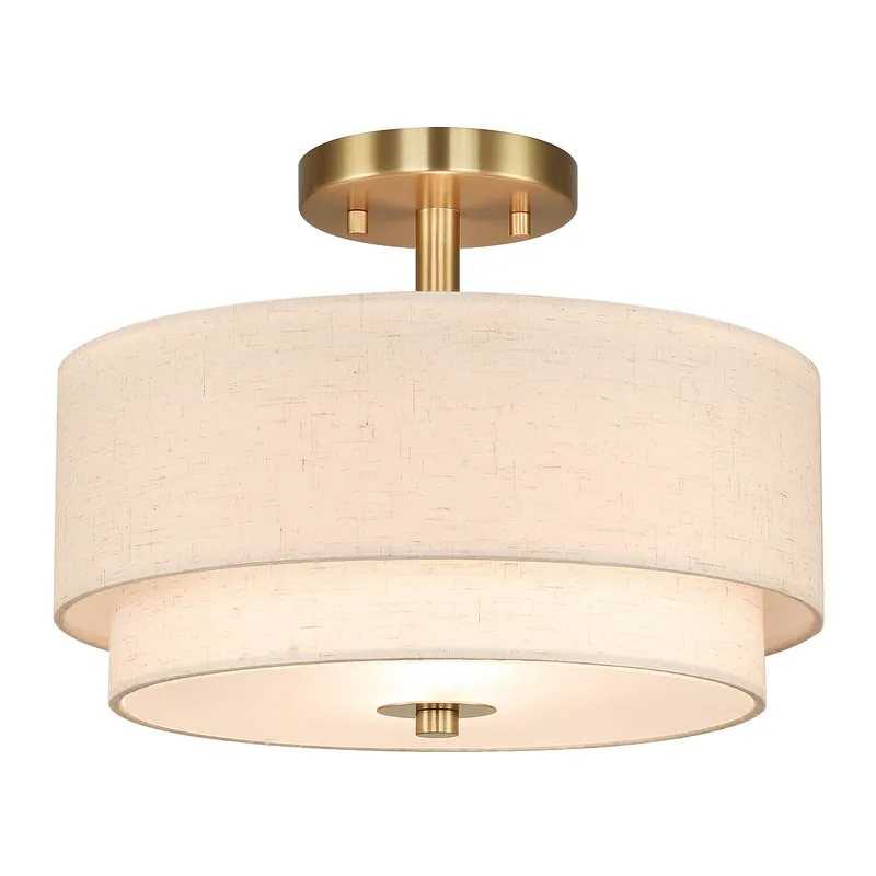 13'' Brass Drum Ceiling Light with 2 Tier Linen Shade for Dining Room XB-SF1289-13BS — XiNBEi Lighting LED Ceiling Lights 60.0W 