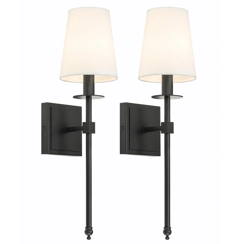 Set of 2 Black Wall Sconces with Flared White Fabric Shades for Bedroom XB-W1307-MB — XiNBEi Lighting LED Wall Lights 40.0W 