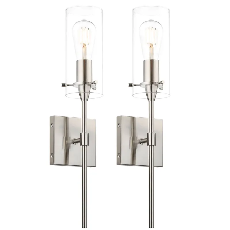 Set of 2 Modern Brushed Nickel Bathroom Sconces with Clear Glass XB-W1301-2BN — XiNBEi Lighting LED Wall Lights 60.0W 