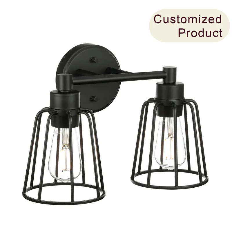 Black 2-Light Farmhouse Cage Vanity Wall Lighting XB-W1287-2-MB — XiNBEi Lighting LED Wall Lights 60.0W 
