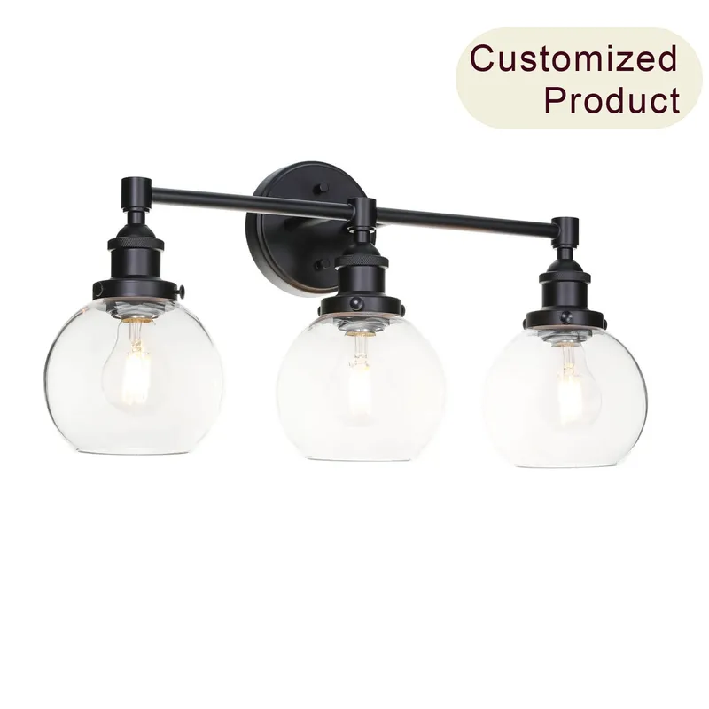 Bathroom Vanity Light Fixture, 3-Light, Black Metal with Clear Glass Globe Shades XB-W1256-3-MB — XiNBEi Lighting LED Wall Lights 60.0W 
