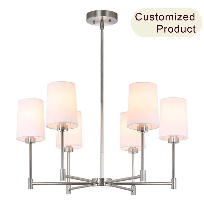 6-Light Chandelier, Fabric Shade, Brushed Nickel, Living Dining Room Pendant Light XB-C1215-6-BN — XiNBEi Lighting LED Pendant Lights 40.0W 