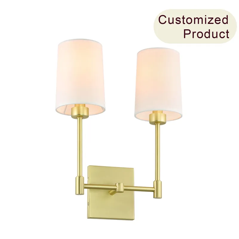 Modern Double Wall Sconce, 2-Light Brass Fixture with White Fabric Shades XB-W1215-2-SB — XiNBEi Lighting LED Wall Lights 40.0W 