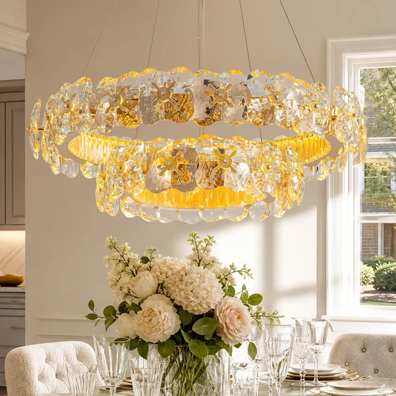 Florielle Modern Gold K9 Crystal Clover Double-Ring Chandelier — Sofary Lighting LED Pendant Lights 40.0W 