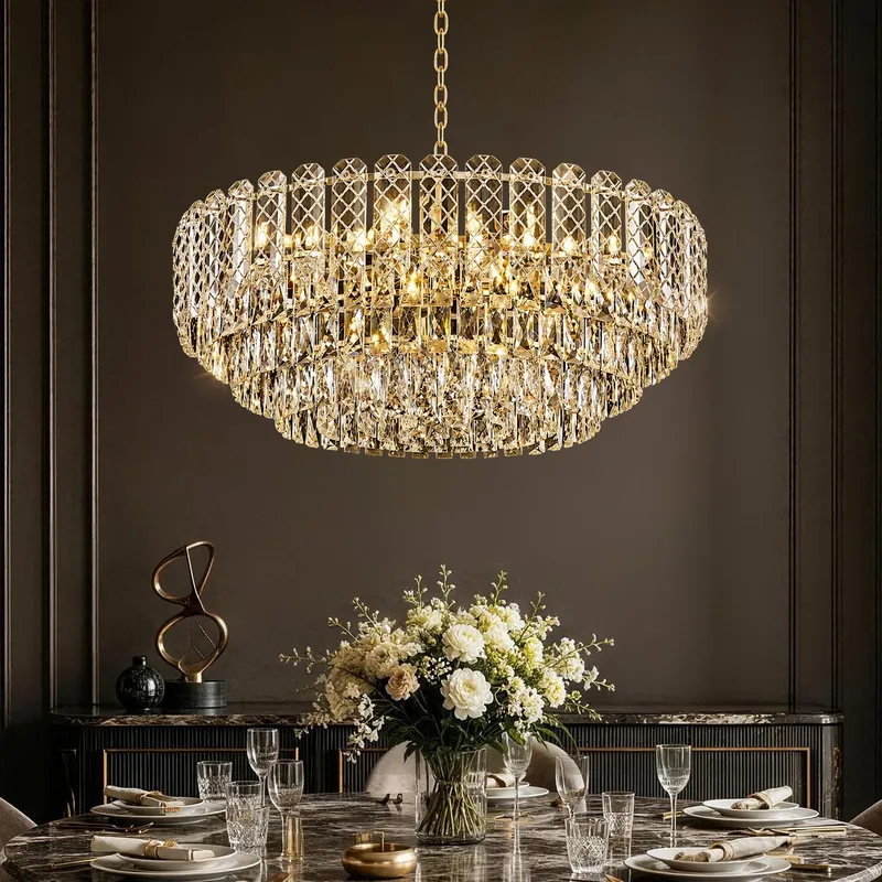 Elarique Modern Luxury Gold Crystal Tiered Round Chandelier — Sofary Lighting LED Linear Lights 105.0W 