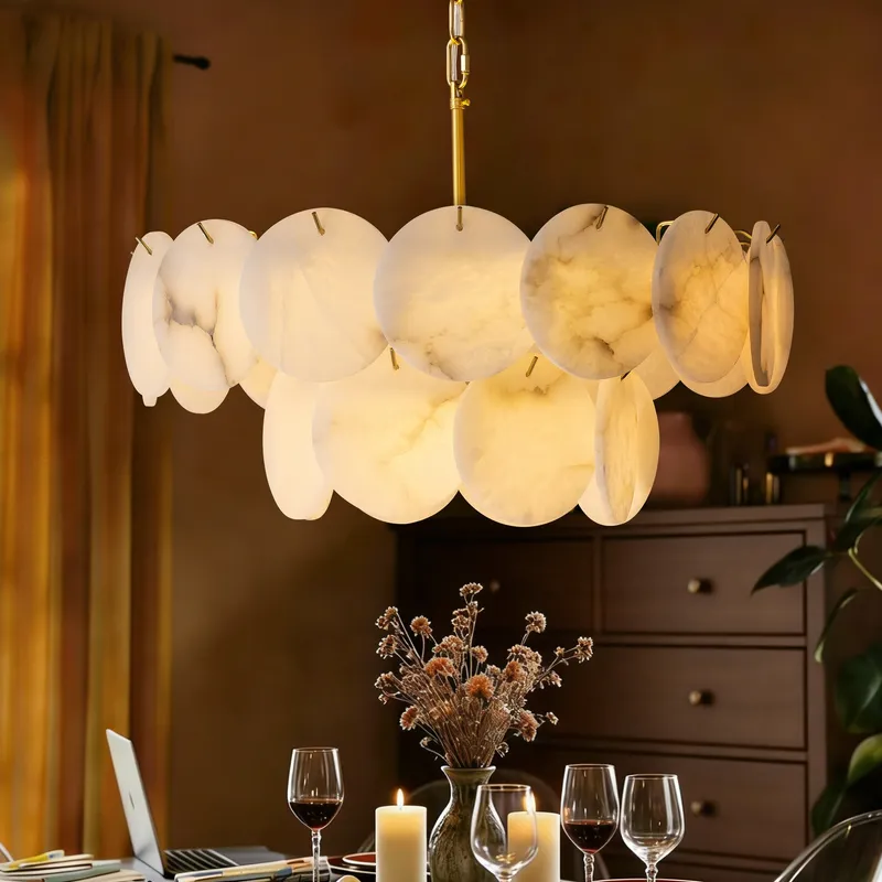 Orlisse Modern Luxury Brass Alabaster Double-Tier Disc Chandelier — Sofary Lighting LED Pendant Lights 7.0W 