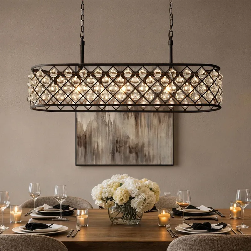 Orvian Modern Industrial Matte Black K9 Crystal Rectangle Chandelier — Sofary Lighting LED Pendant Lights  3000K