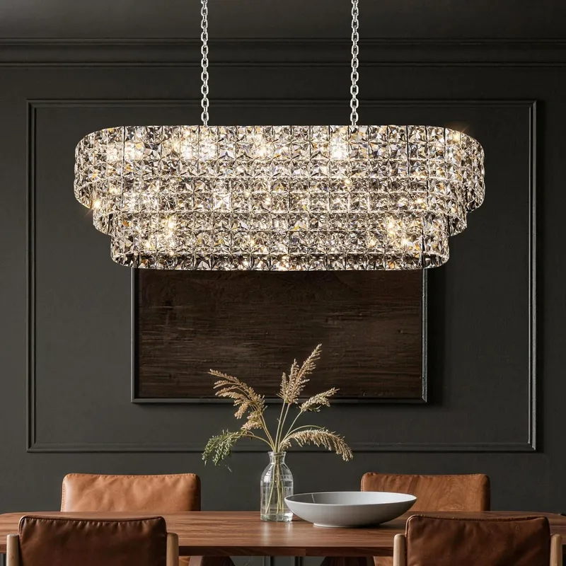 Aria Post-Modern Chrome K9 Crystal Linear Three-Color Dimming Chandelier — Sofary Lighting LED Linear Lights  3000K