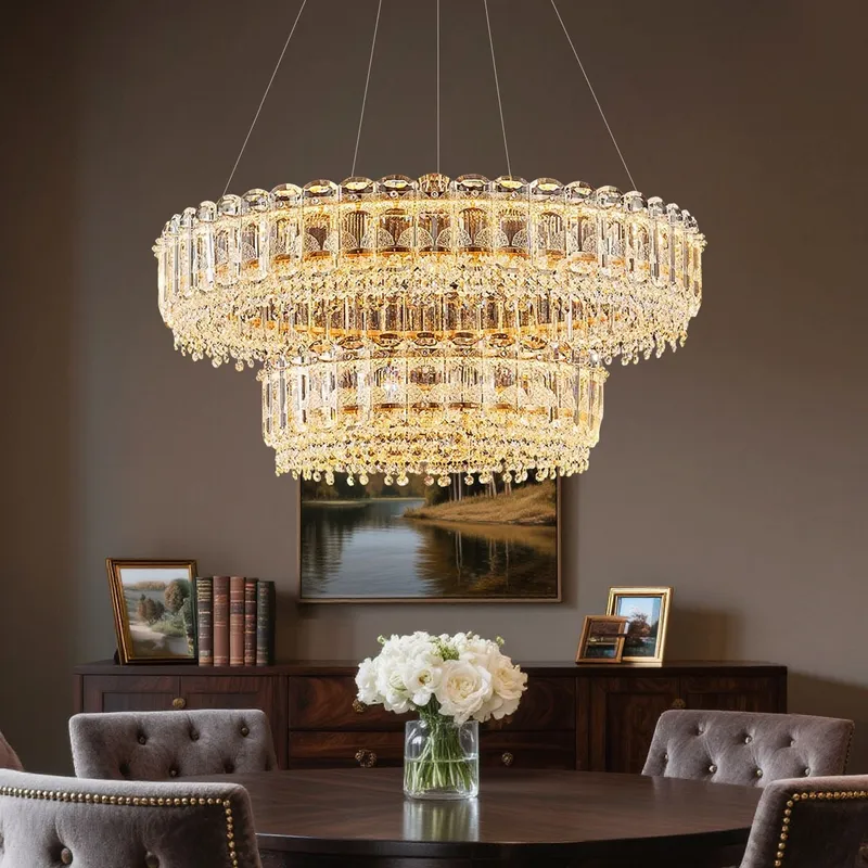 Empire Modern Gold K9 Crystal Double Tiered Three-Color Dimming Chandelier — Sofary Lighting LED Pendant Lights 192.0W 3000K