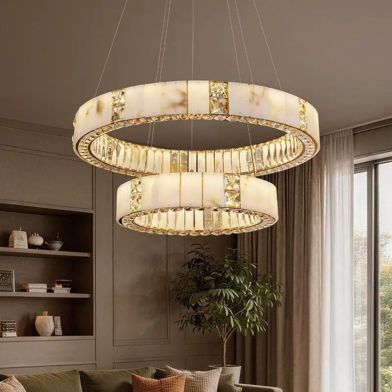 Lumaire 2-Tier Alabaster Crystal Ring Chandelier — Sofary Lighting LED Pendant Lights  3000K