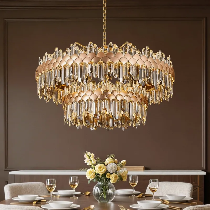 Aurelian Modern Gold K9 Crystal Double Tiered Three-Color Dimming Chandelier — Sofary Lighting LED Pendant Lights  3000K