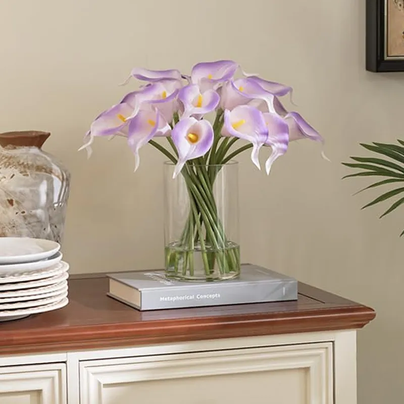 Artificial White & Purple Calla Lilies in Glass Vase with Faux Water – Elegant Table Centerpiece — Sofary Lighting LED General Lighting  