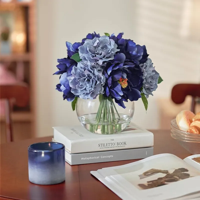 Artificial Blue Peonies in Glass Vase with Faux Water – Elegant Table Centerpiece — Sofary Lighting LED General Lighting  