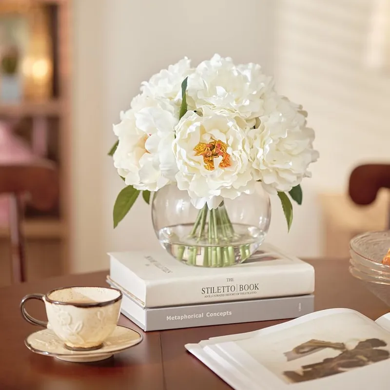 Artificial White Peonies in Glass Vase with Faux Water – Elegant Table Centerpiece — Sofary Lighting LED General Lighting  