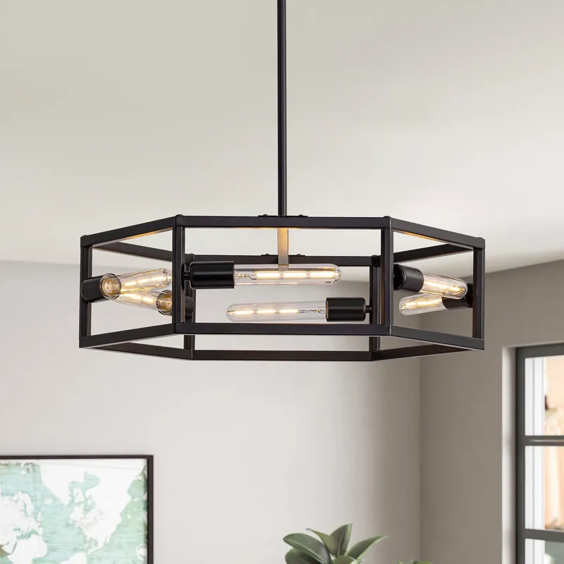 Hexagon Industrial Black Lantern Drum Chandelier — Sofary Lighting LED Pendant Lights 7.0W 