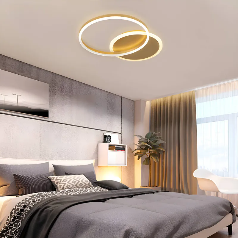 Modern LED Gold Ceiling Light Fixture with 2 Round Aluminum Rings — Sofary Lighting LED Pendant Lights  3000K