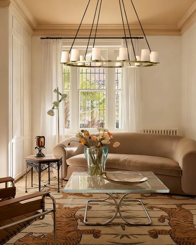 Ravello Statement Chandelier - Round & Linear - Brass & Beige Fabric — LightsStory LED Linear Lights  