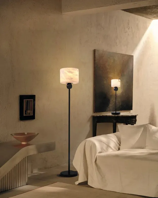 Etruscan Statement Floor Lamp - Natural Alabaster - Round/Square Drum — LightsStory LED General Lighting  