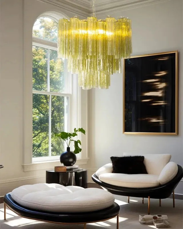 Cortina Round Statement Chandelier - Green Fluted Glass & Brass — LightsStory LED Pendant Lights  