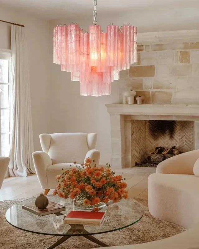 Cortina Round Statement Chandelier - Pink Glass - XL Feature — LightsStory LED Pendant Lights  