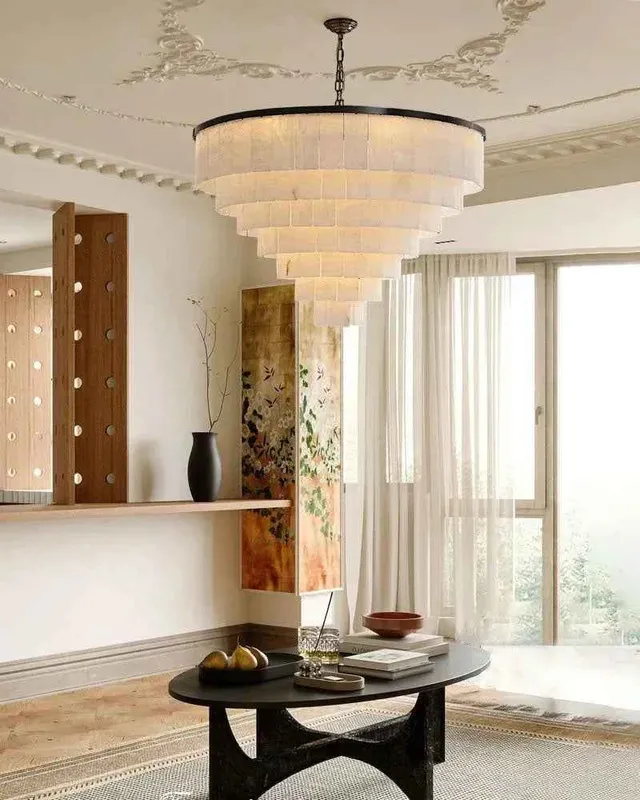Stowe Alabaster Statement Chandelier - Round Multi-Tier Matte Black — LightsStory LED Pendant Lights  