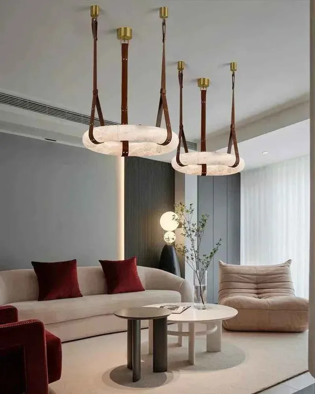 LightsStory Alabaster Ring Statement Chandelier - Brass & Leather — LightsStory LED Pendant Lights  