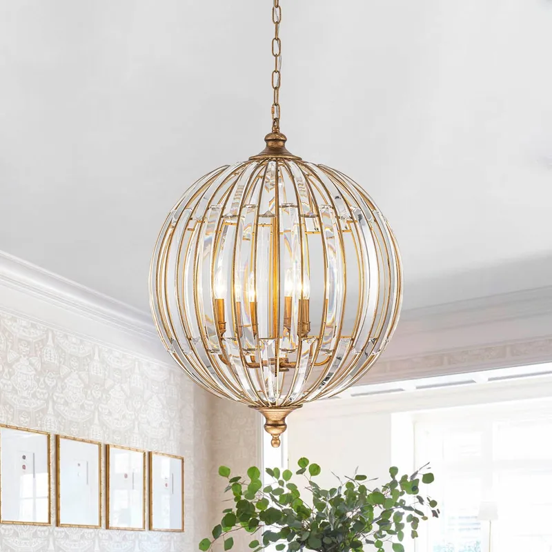 Sculptural Glam 6-Light Distressed Gold Crystal Orb Chandelier — LightFixturesUSA LED Pendant Lights 60.0W 