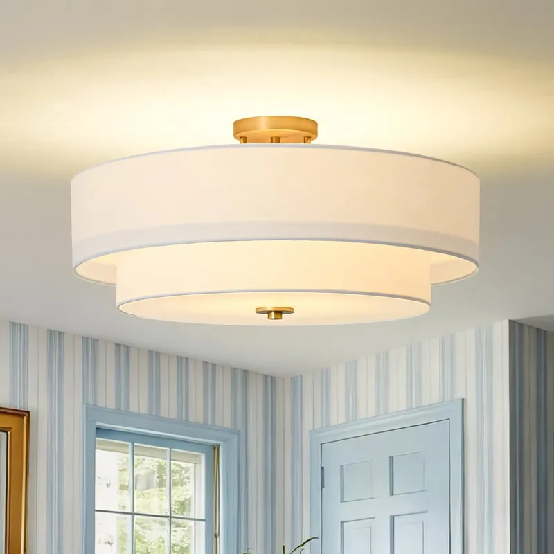4-Light White Linen Round Drum Brass Semi Flush Mount — LightFixturesUSA LED Ceiling Lights 60.0W 