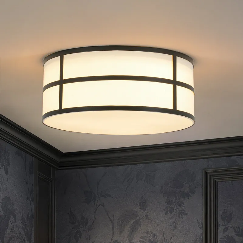 Farmhouse White Linen Fabric Drum Cage Flush Mount Light — LightFixturesUSA LED Ceiling Lights 40.0W 