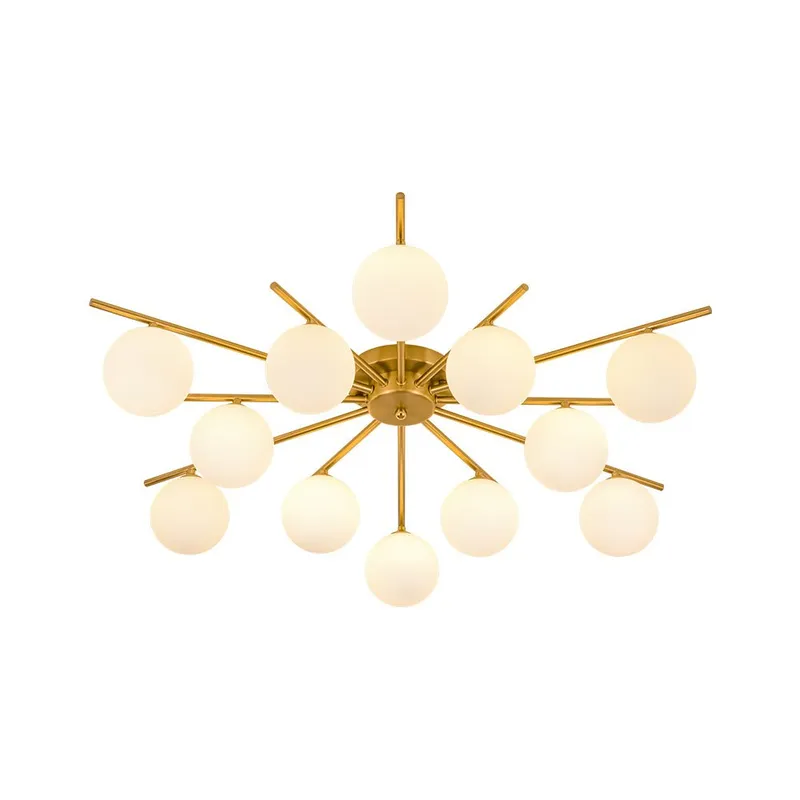 12-Light Brass Milky Glass Bubble Sunburst Semi Flush Chandelier — LightFixturesUSA LED Pendant Lights 25.0W 
