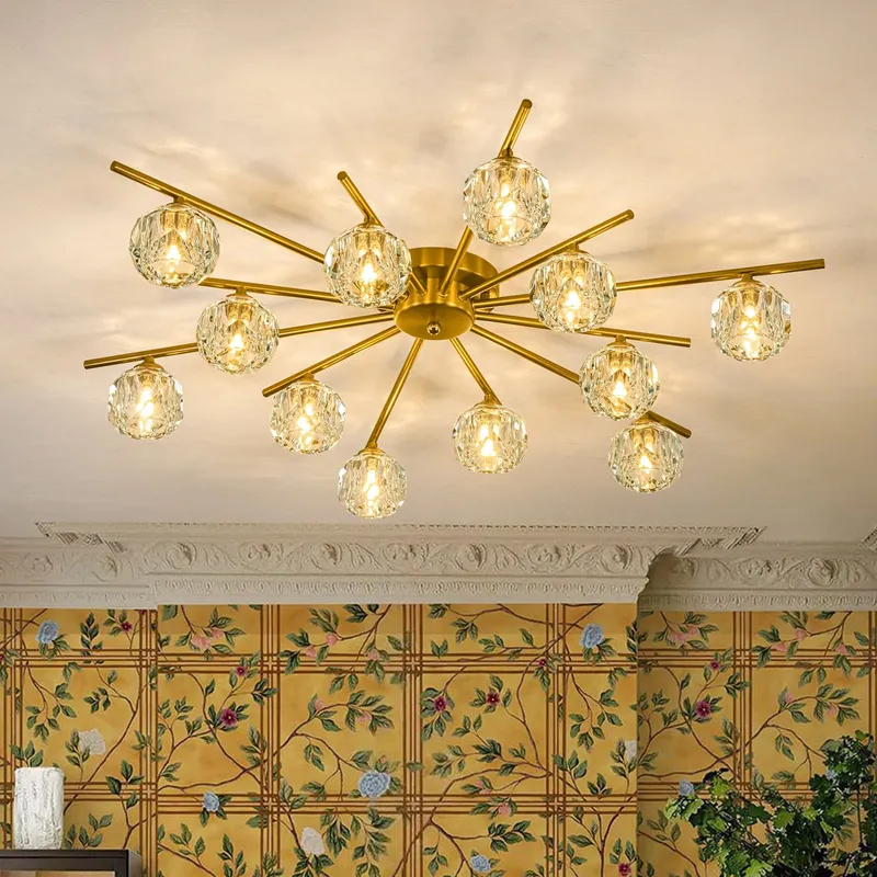 12-Light Brass Faceted Crystal Sputnik Semi Flush Chandelier — LightFixturesUSA LED Pendant Lights 25.0W 
