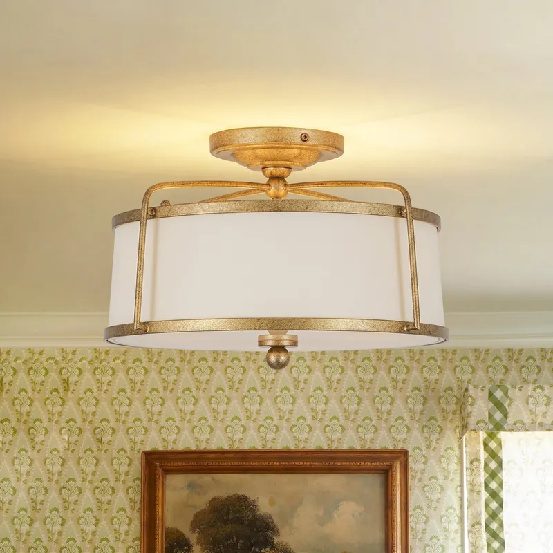 3-Light Distressed Gold Linen Drum Cage Semi Flush Mount — LightFixturesUSA LED Ceiling Lights 40.0W 