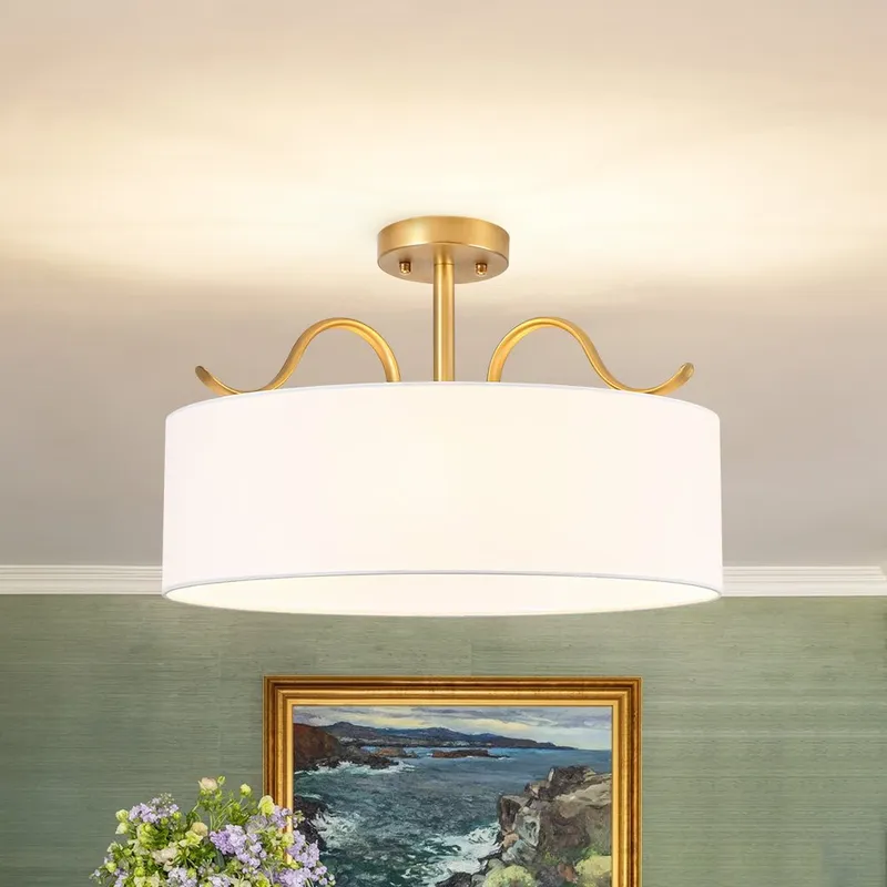 (OpenBox) White Fabric Drum Cage Semi Flush Dual Mount Chandelier — LightFixturesUSA LED Pendant Lights 60.0W 
