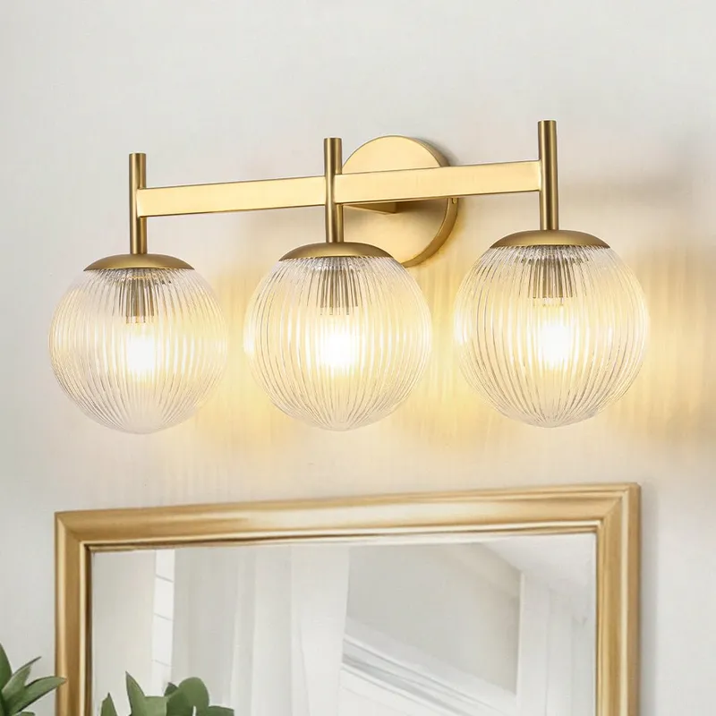 (OpenBox) 3-Light Brass Ribbed  Glass Globe Vanity Wall Sconce — LightFixturesUSA LED Wall Lights 60.0W 