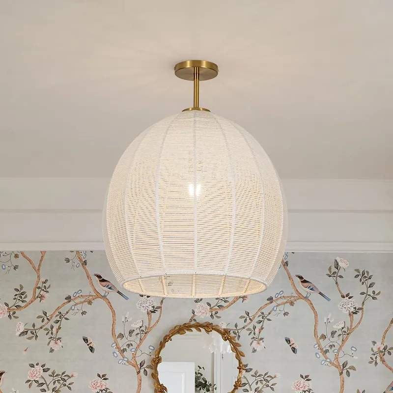 (OpenBox) Boho Ivory Woven Thread Dome Cage Semi Flush — LightFixturesUSA LED Pendant Lights 60.0W 