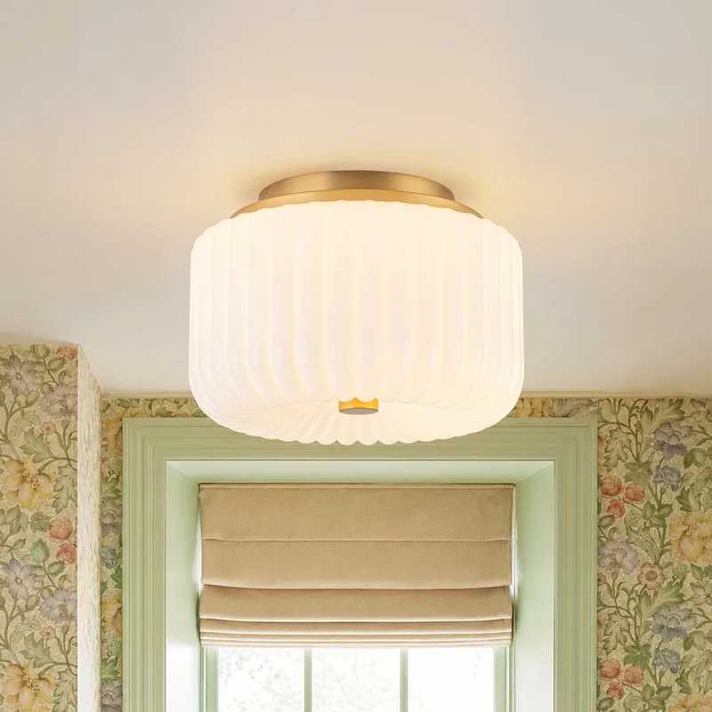 2-Light Shine Opal Ribbed Glass Drum Flush Mount — LightFixturesUSA LED Ceiling Lights 40.0W 