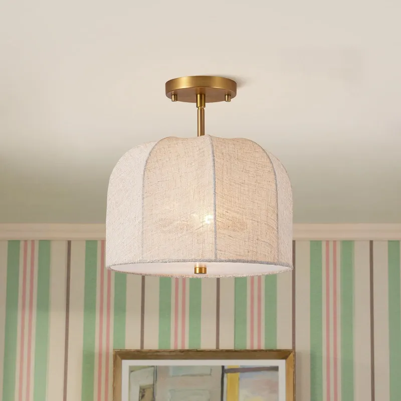 Boho Fabric Linen Round Scalloped Dome Cage Ceiling Light — LightFixturesUSA LED Ceiling Lights 40.0W 
